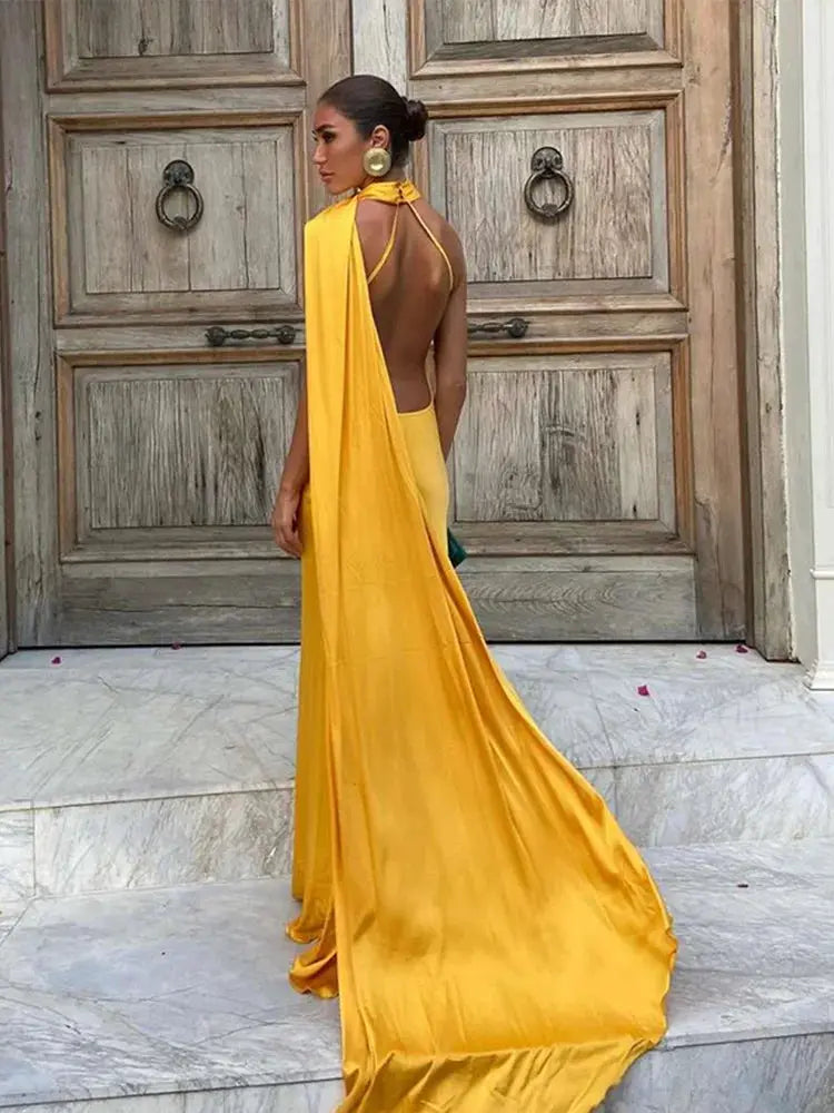 Elegant Ribbon Halter Dress Slim Fit Backless Maxi Off Shoulder Sleeveless Party Dress For Summer