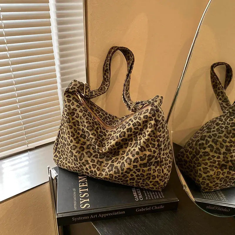 Leopard print soft-textile women's shoulder bag with large capacity