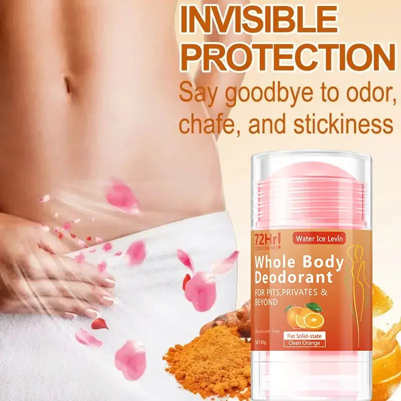 Whole Body Deodorant stick in orange bottle with orange powder beside it, travel-friendly