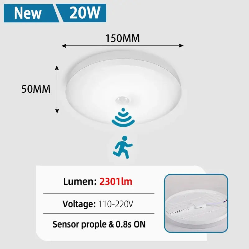 Motion Sensor PIR LED Ceiling Lamp by Simples Market, white round 20W, 2301lm, 110-220V