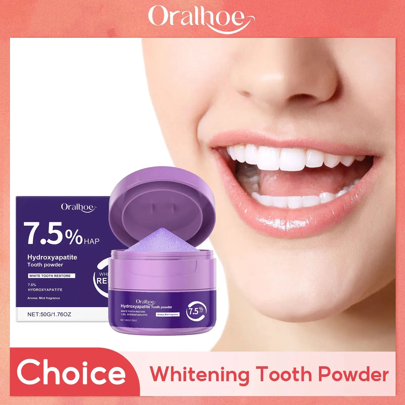 Oralhoe whitening tooth powder by Simples Market in a purple jar with 7.5% hydroxyapatite.