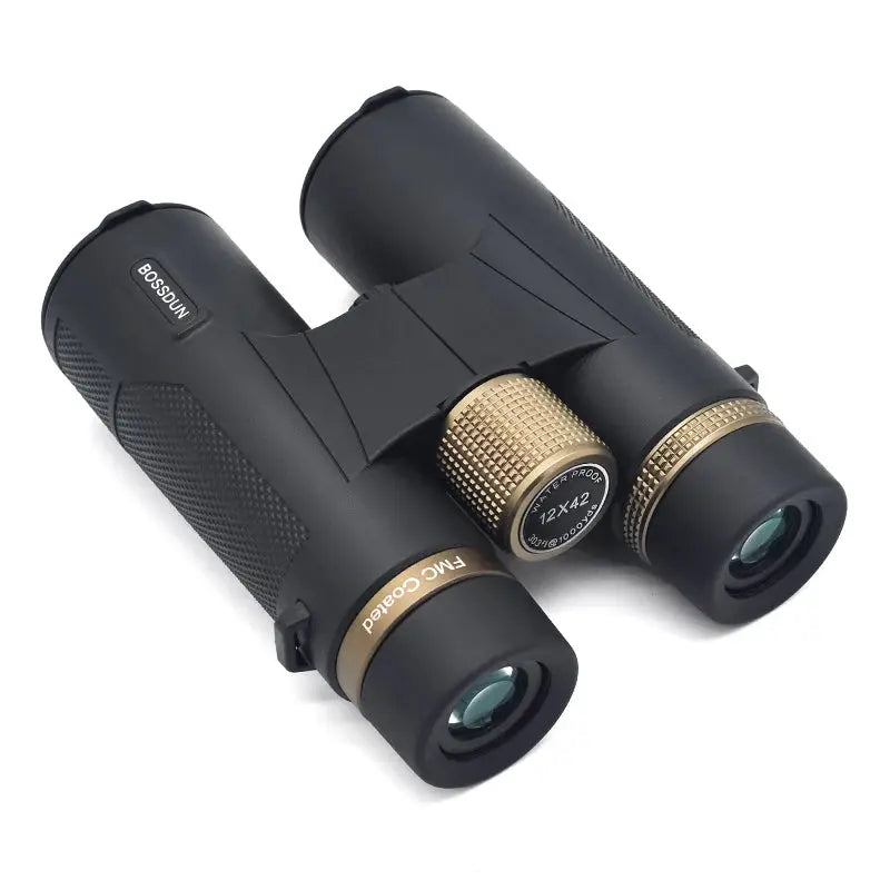 Binoculars 12x42 HD ED lens, black metal body with gold accents, waterproof
