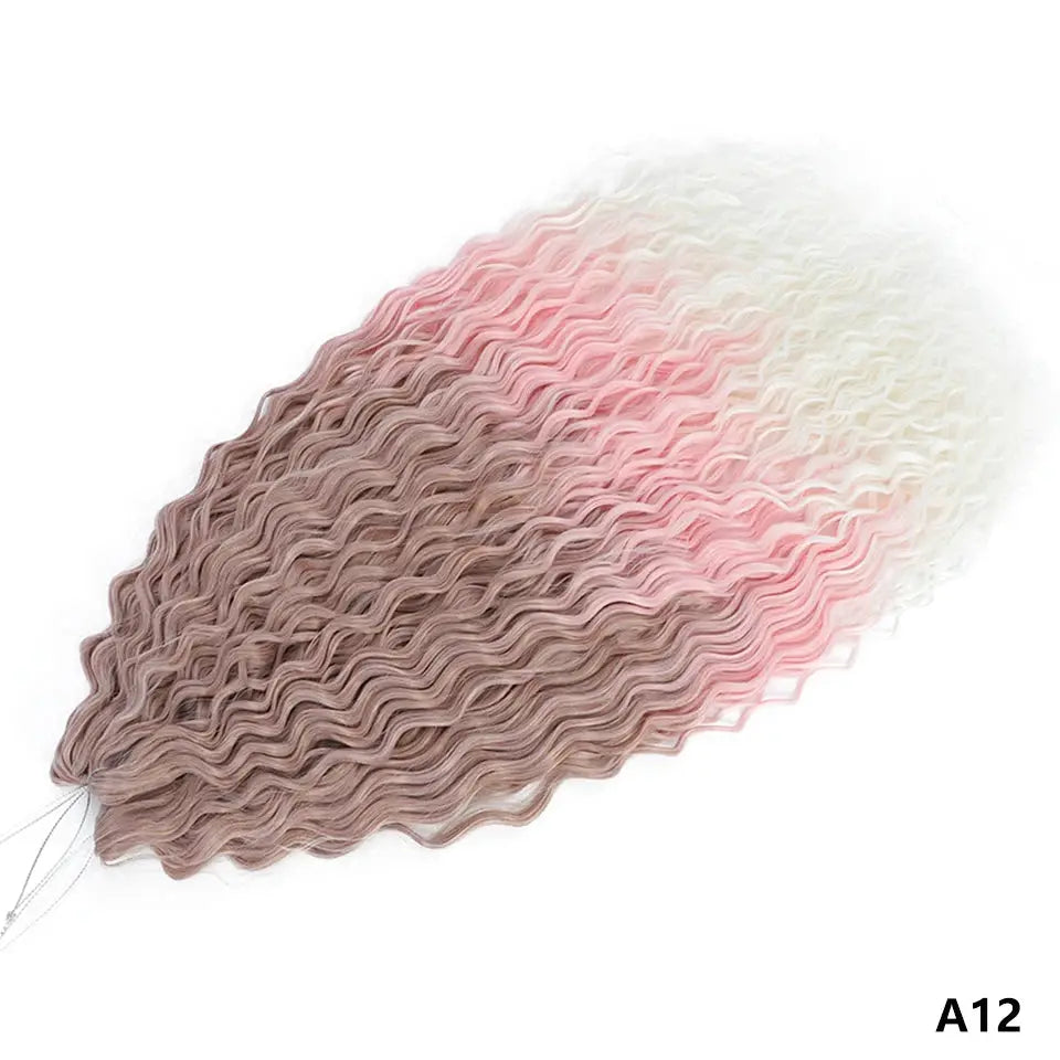 Ariel Curls synthetic crochet hair extensions with water-wave pattern, ombre brown-pink-white deep wave.