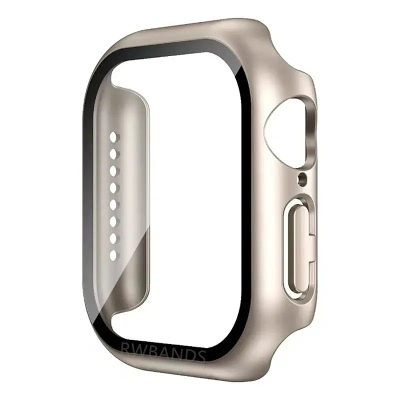 Apple Watch glass case cover in gold tone for 40–46mm models with side button cutouts