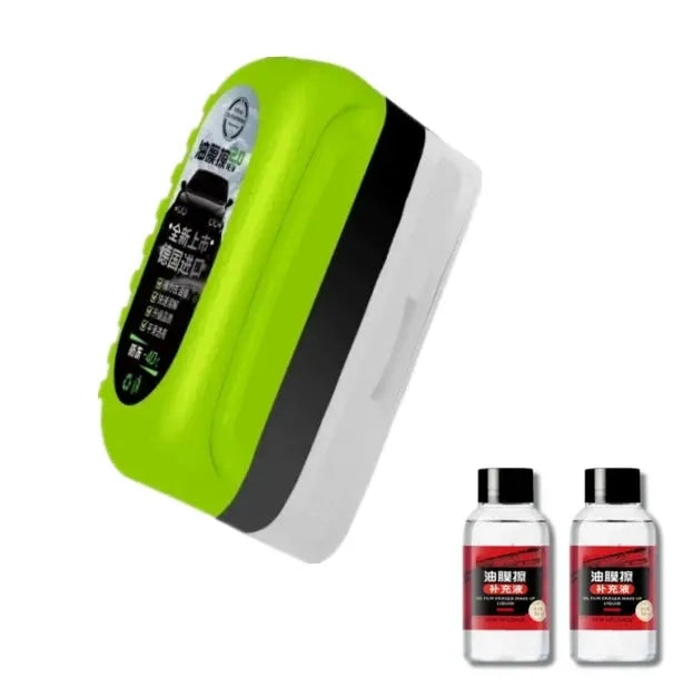 Car glass cleaner sponge brush by Simples Market; neon green and white handheld cleaner with two solution bottles