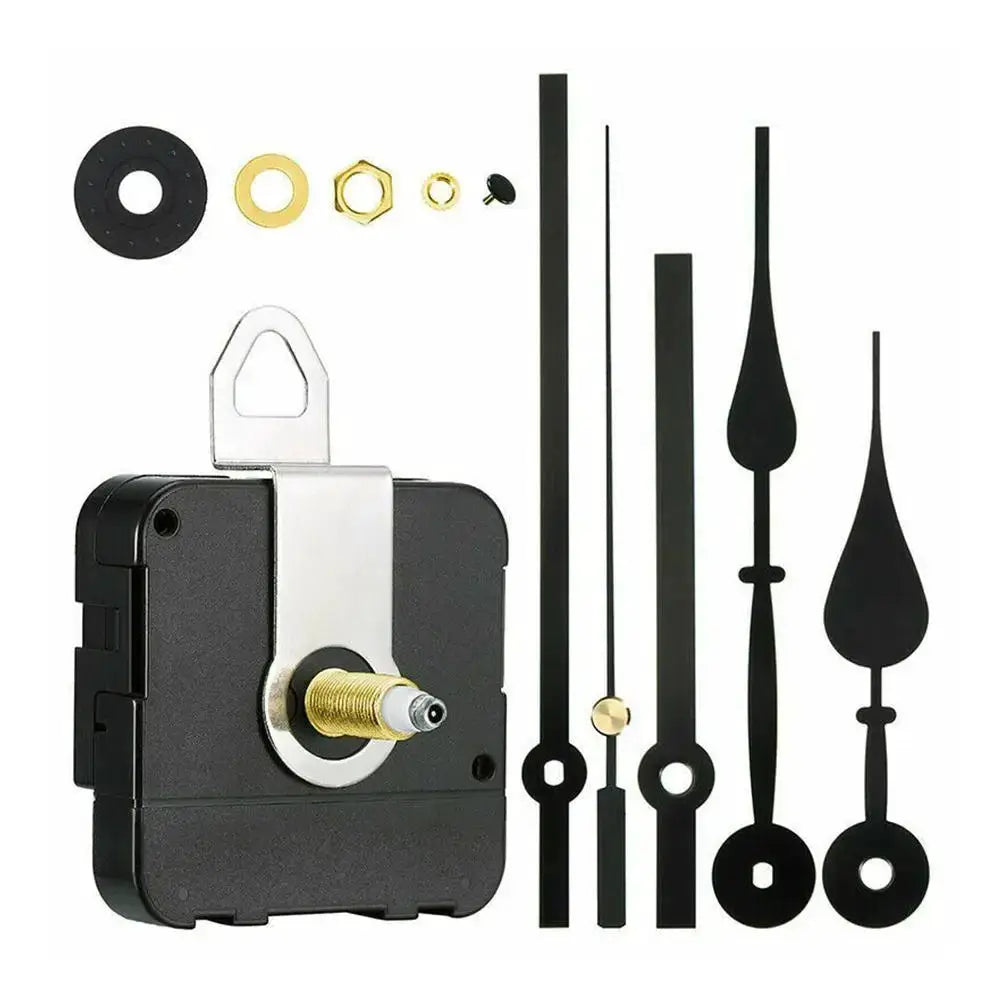 Clock movement kit with silent quartz mechanism and black hour/minute/second hands for wall or tabletop clocks