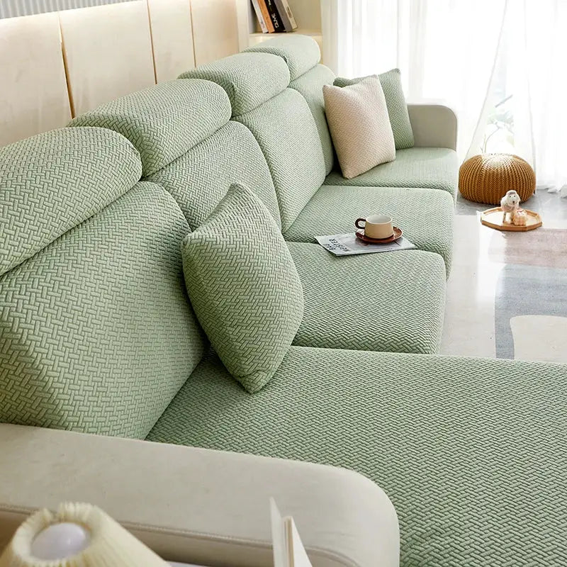 Thickened sofa seat cushion cover Jacquard slipcover in light green by Simples Market with matching cushions set.