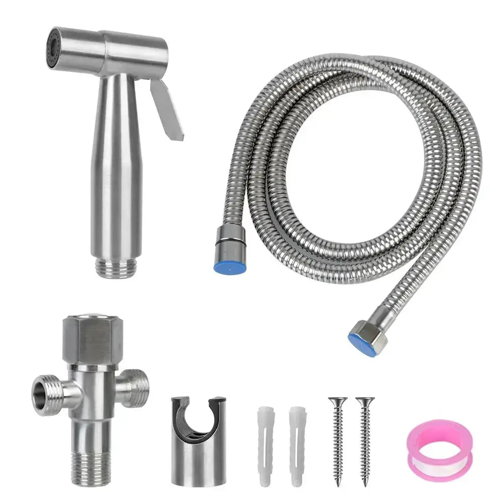 Toilet bidet spray kit by Simples Market; stainless steel handheld sprayer with flexible hose and mounting hardware.