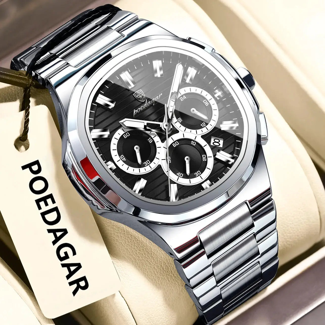 POEDAGAR men's stainless steel chronograph wristwatch with date and luminous markers