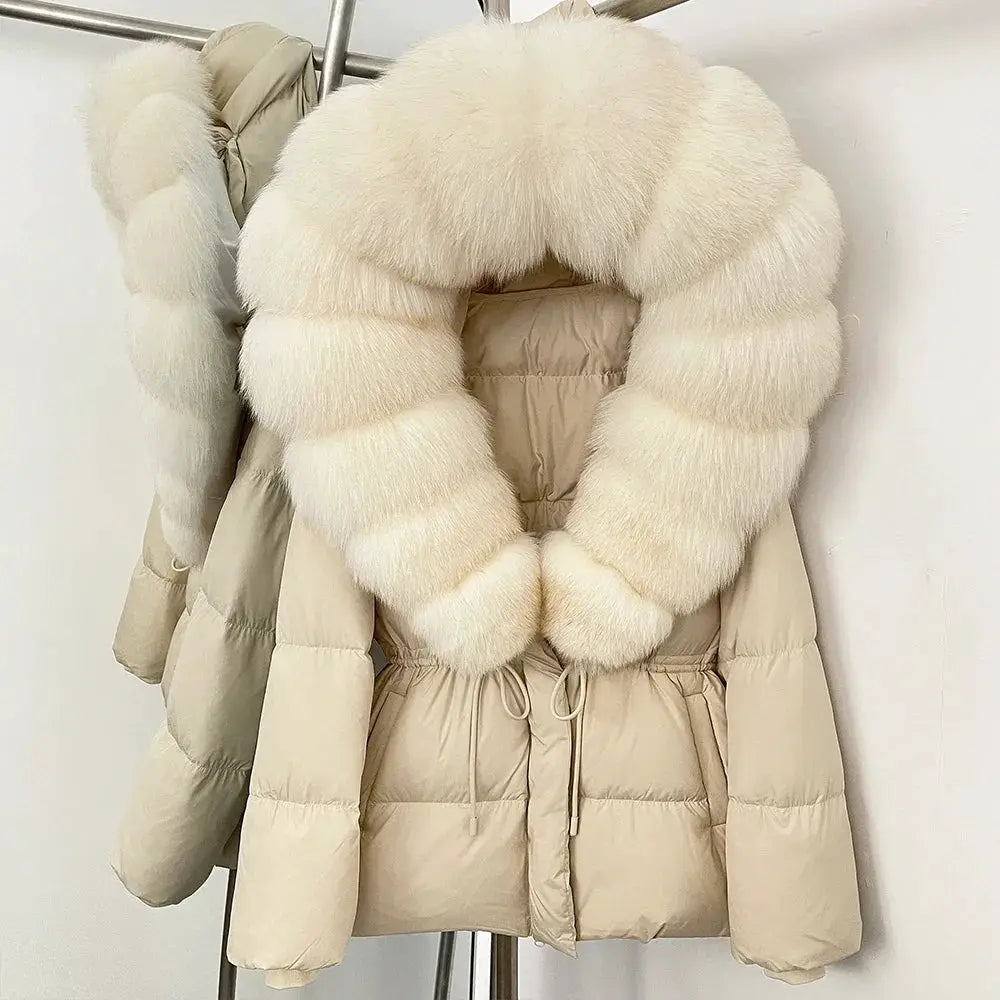 Womens Real Fox Fur Collar Duck Down Coat With Raccoon Fur Trim Hooded Puffer Jacket