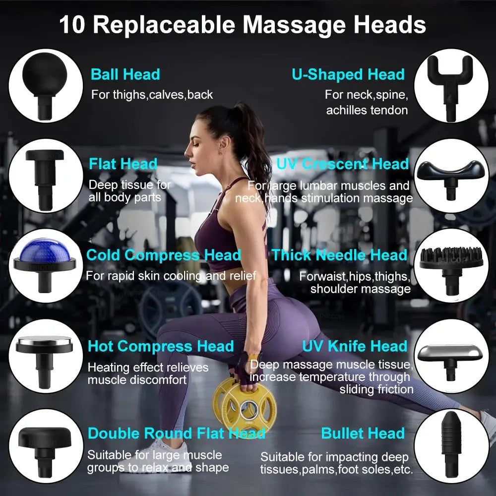 Simples Market fascia massage gun with handle and 10 replaceable heads for full-body massage.