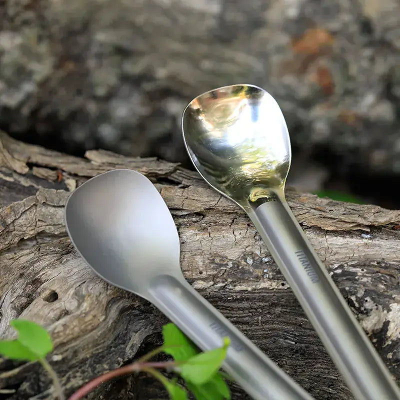 Tiartisan titanium long-handle cutlery set; 2-piece ultralight camping spoons in metallic gray