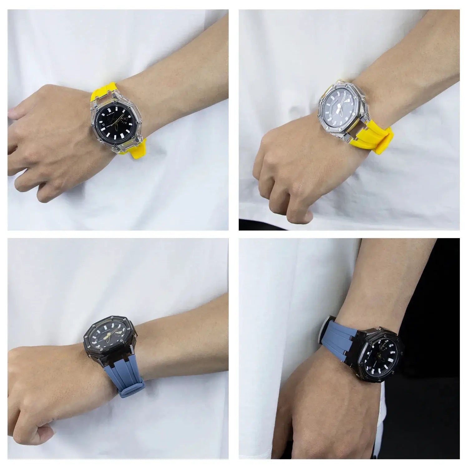 Transparent Casioak mod kit with yellow and blue rubber strap covers for GA2100/GA2110, four-view collage