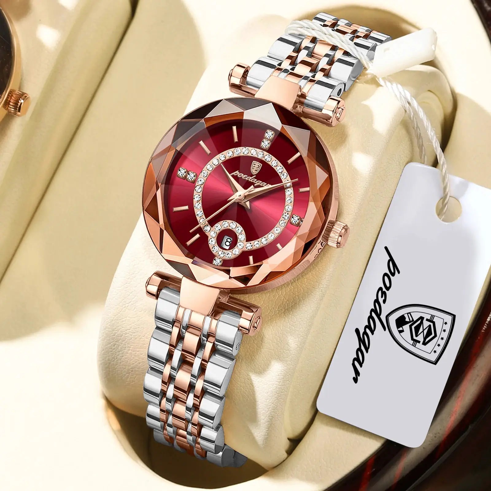 POEDAGAR women's wristwatch; two-tone stainless steel bracelet, burgundy dial with date window and crystal-studded bezel