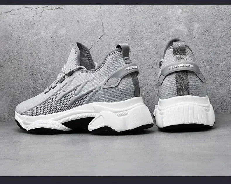 Simples Market pair of men's height-increasing sneakers with gray breathable mesh upper and white chunky elevator sole