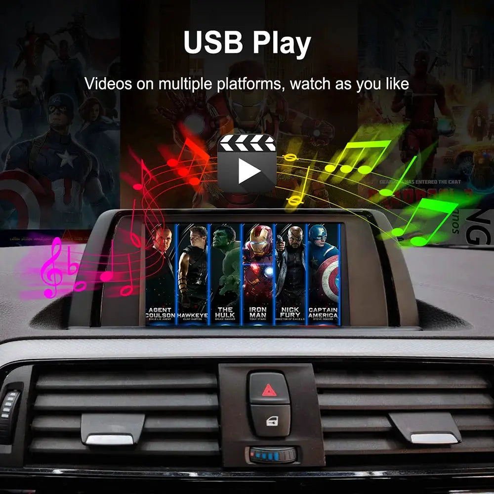 Wireless CarPlay Android Auto for BMW NBT CIC system by Simples Market on a car dashboard multimedia display