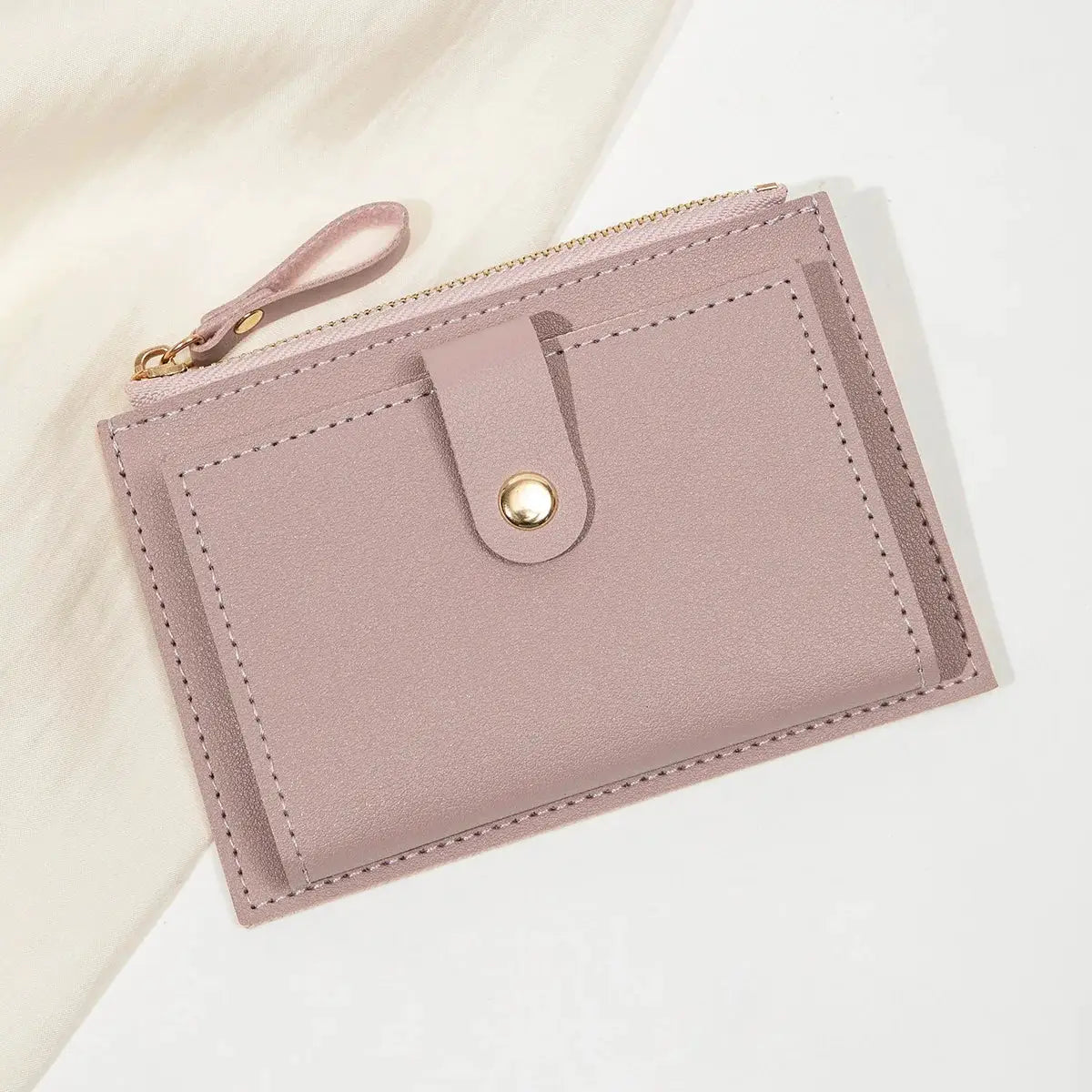 Mini card wallet Simples Market pink PU leather ultrathin with zipper and snap strap