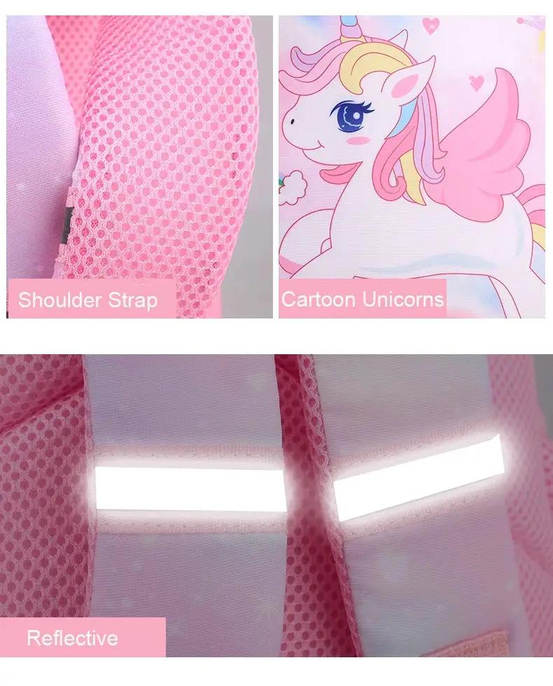 Unicorn backpack for girls, pink cartoon design with mesh shoulder straps and reflective panels
