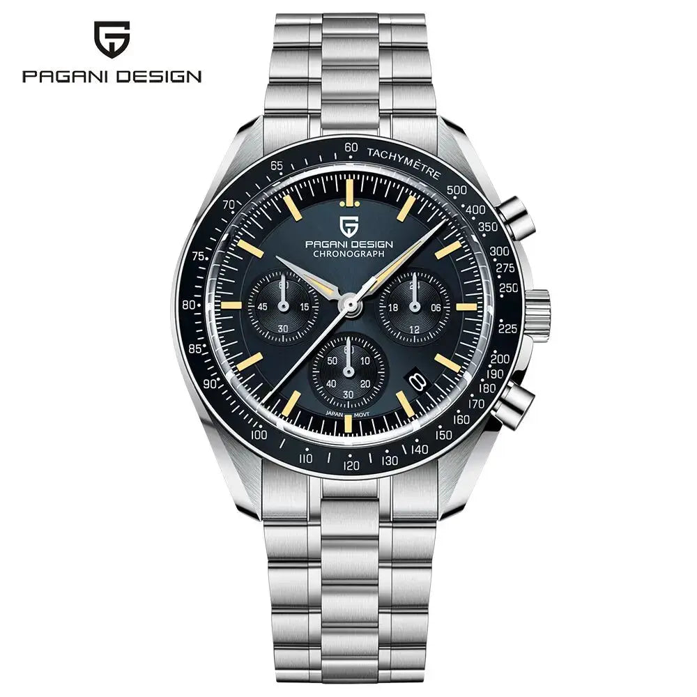 Pagani Design Moon Watch chronograph, stainless steel bracelet, dark dial with subdials and tachymeter
