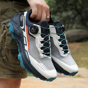 Pair of Simples Market men's breathable casual sneakers with turquoise laces, white-gray upper and blue outsole.