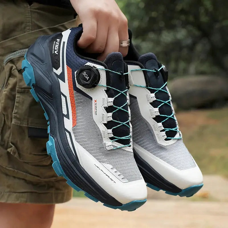 Pair of Simples Market men's breathable casual sneakers with turquoise laces, white-gray upper and blue outsole.