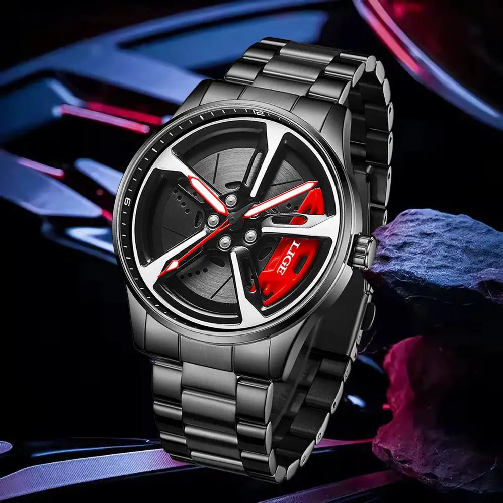 LIGE car-wheel dial sport watch with stainless steel strap and red accents