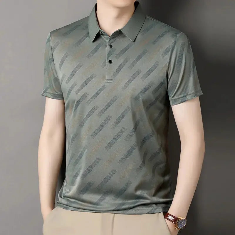 Men's polo shirt with short sleeves, olive-green color, and diagonal striped print for casual business and golf wear.