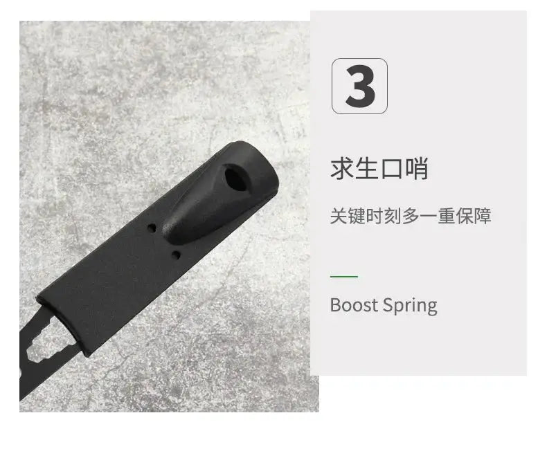 Portable multifunctional stainless steel camping tool set with whistle, black handle close-up