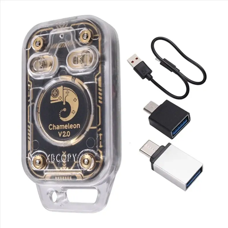 Chameleon V2.0 RFID smart card reader emulator with transparent case; 3-piece kit includes USB cable and two adapters