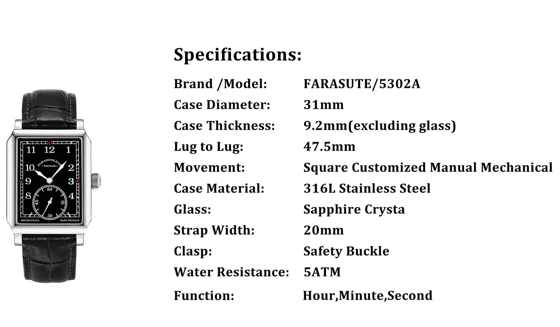 FARASUTE square retro mechanical wristwatch for men with black dial and black leather strap