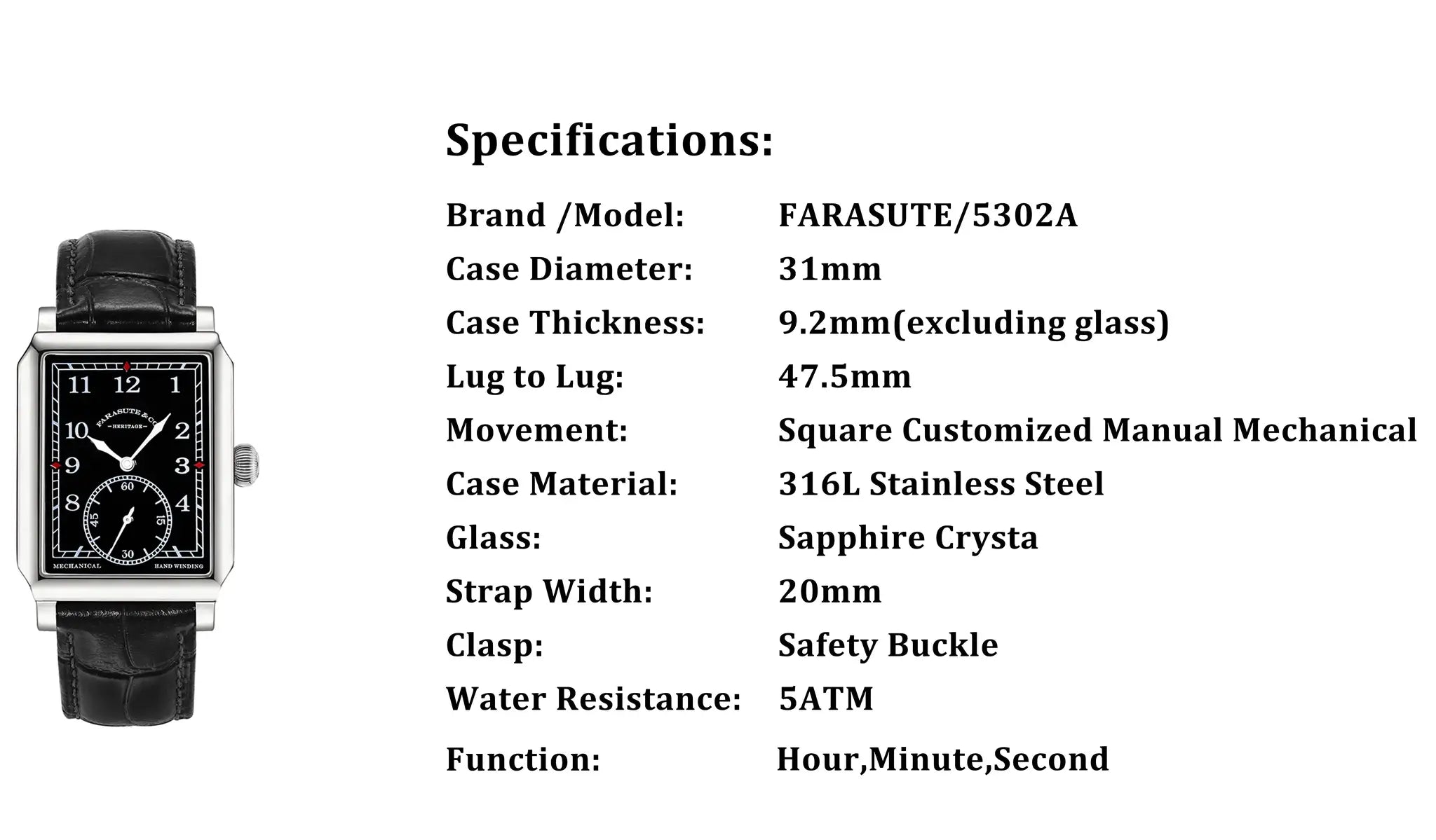 FARASUTE square retro mechanical wristwatch for men with black dial and black leather strap