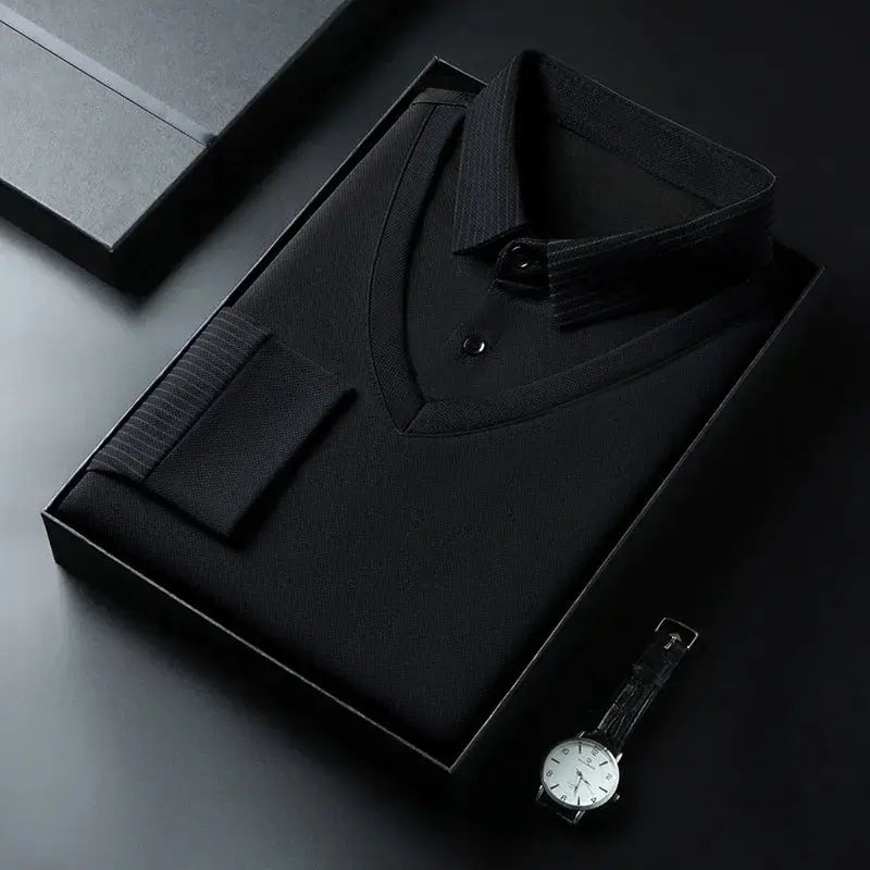 Simples Market men's black long-sleeve polo shirt, solid color, neatly packaged in a black gift box