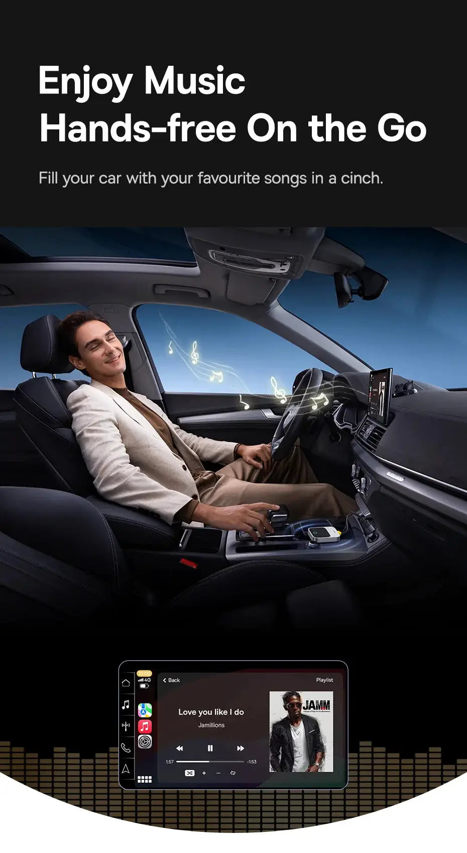 Baseus wireless CarPlay adapter in car, white plug-and-play Bluetooth device on the center console