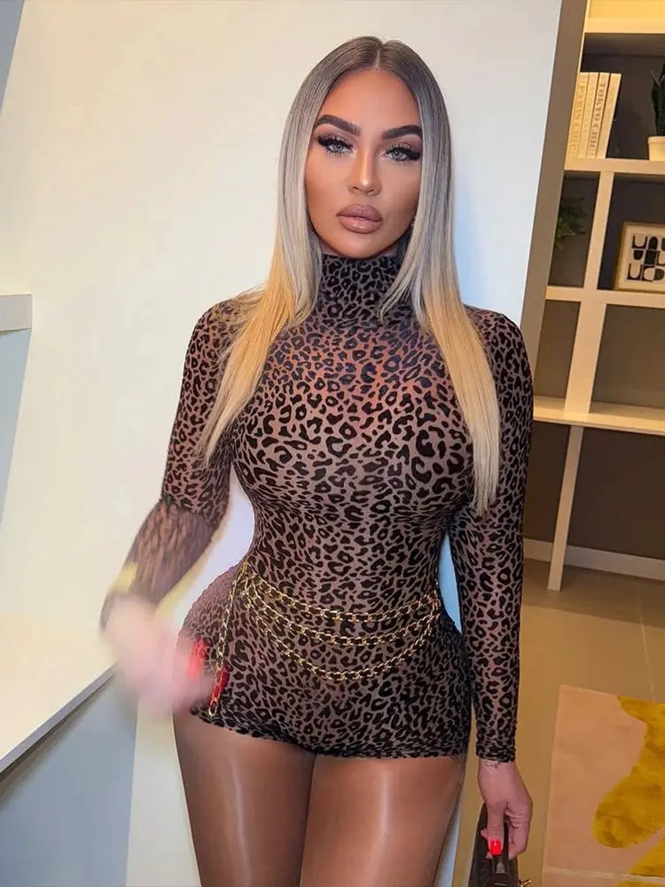 Leopard print long-sleeve high-neck jumpsuit with gold chain belt