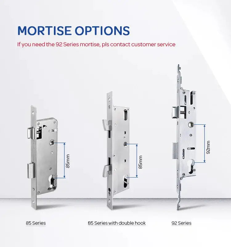 Mortise lock options: 85 Series, 85 Series with double hook, and 92 Series metal door locks
