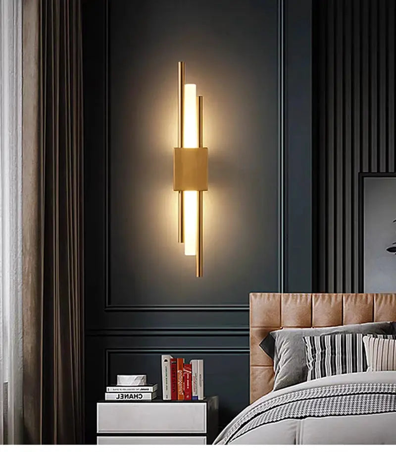 Nordic LED wall lamp with brass finish; modern rechargeable bedside wall light with two vertical glow bars.