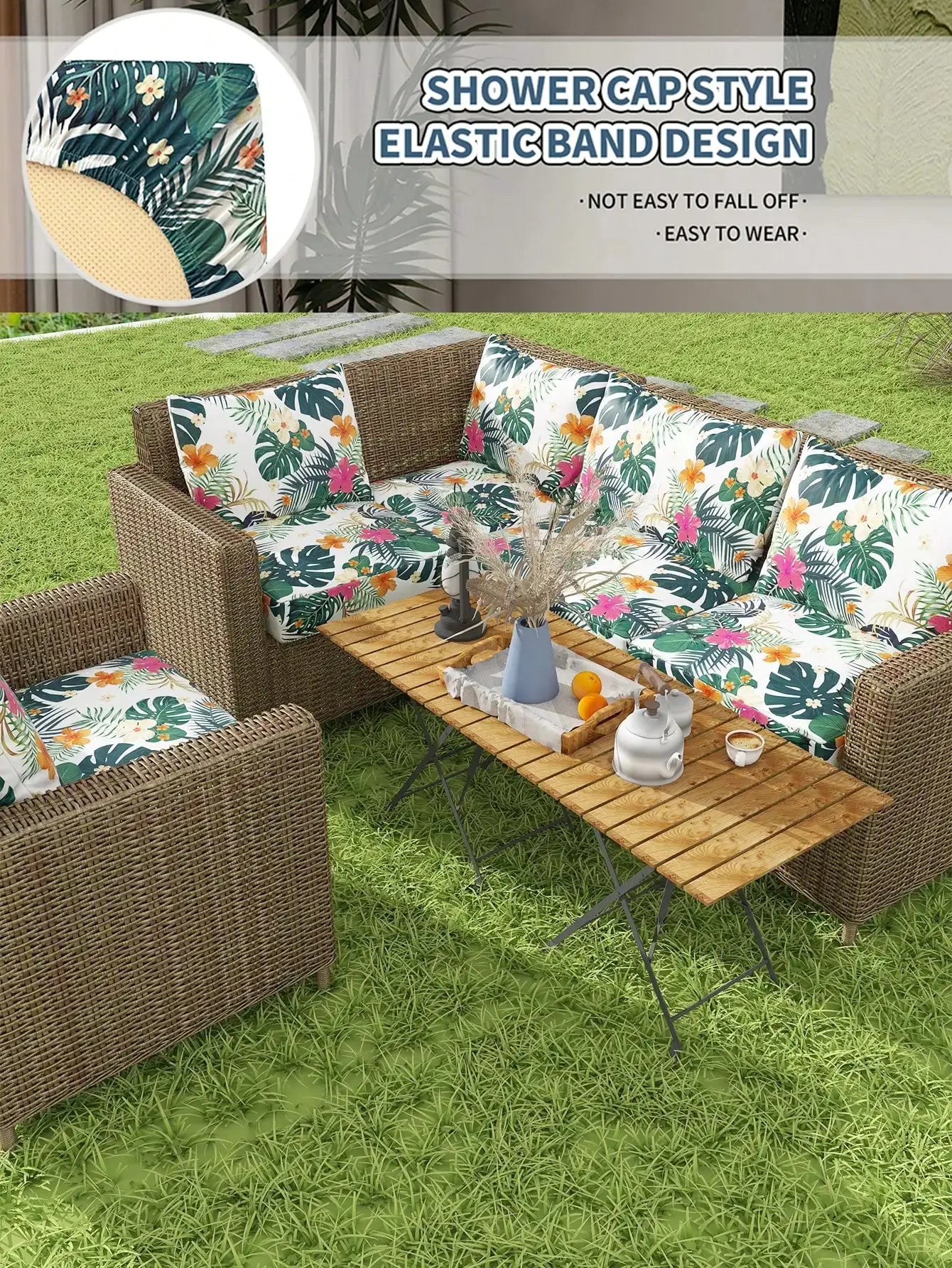 Outdoor tropical print sofa cushion covers with non-slip backing for outdoor furniture
