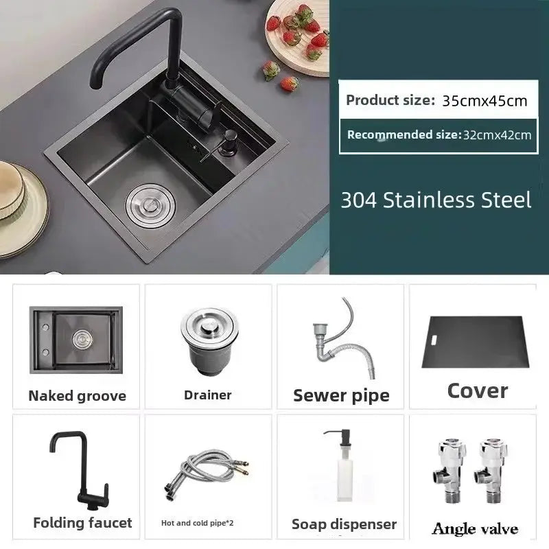 304 stainless steel bar sink with lid and matte black faucet; compact kitchen sink with 8 included accessories