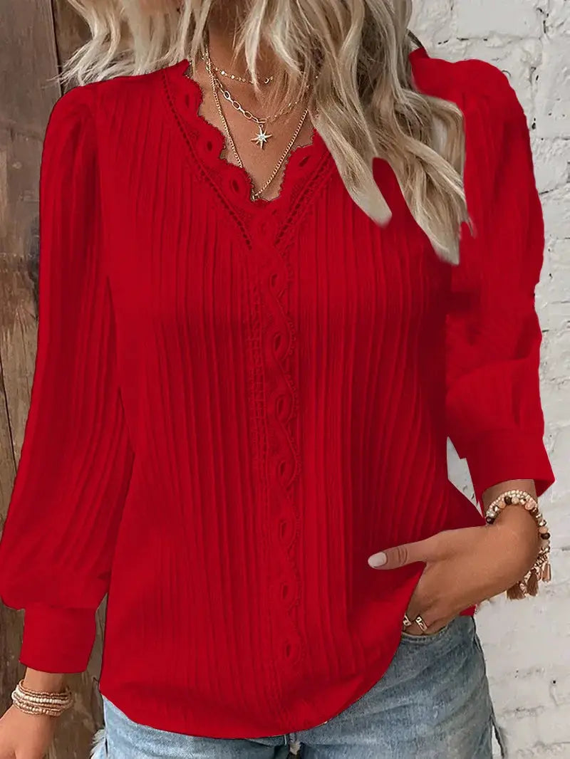 Red hollow lace patchwork blouse with V-neck, long sleeves