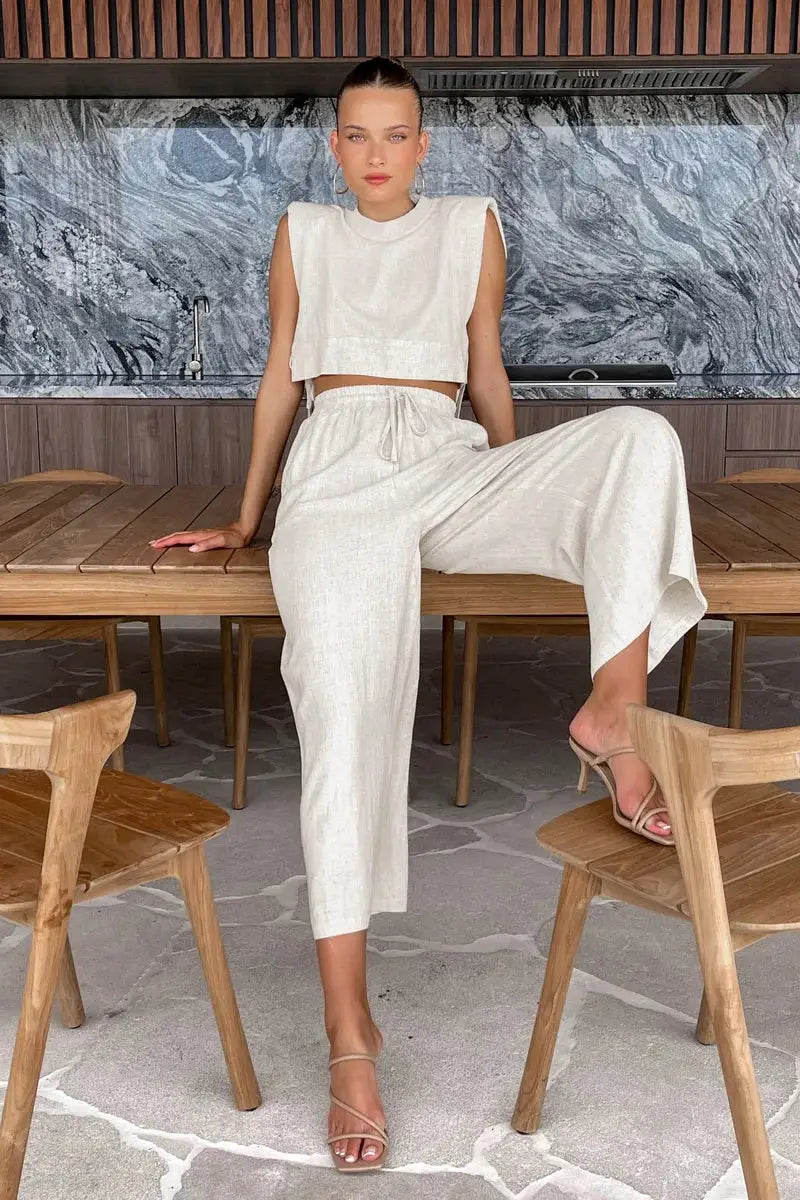 Linen Two Piece Pant Set With Crop Top For Women Spring Summer 2025