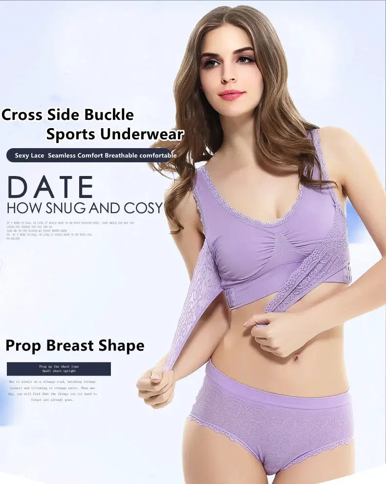 Cross Side Buckle Sports Bra with lavender lace and matching panties; seamless bralette lingerie set.