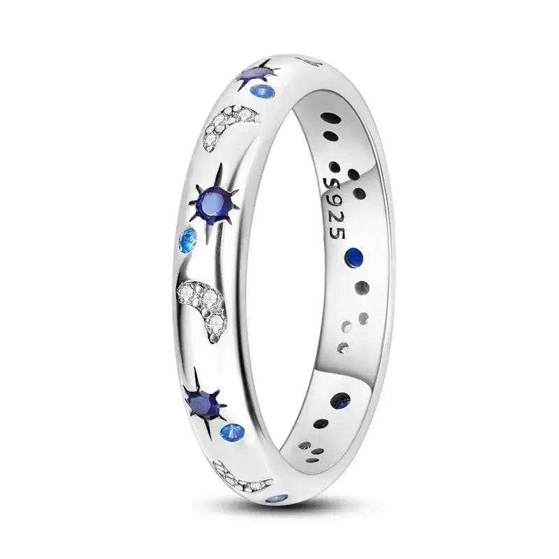 New Celestial Blue Sparkling Moon Sun Star Crystal Ring for Women Fashion Elegant Stackable Band Jewelry Gifts