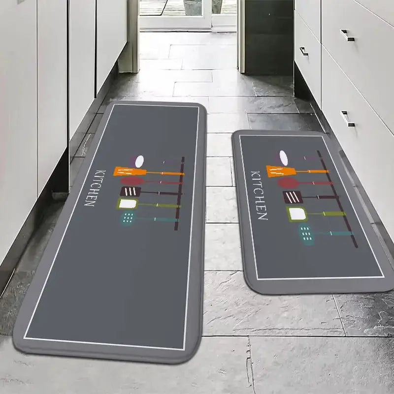 2-piece dark gray kitchen mat set with colorful utensil graphic