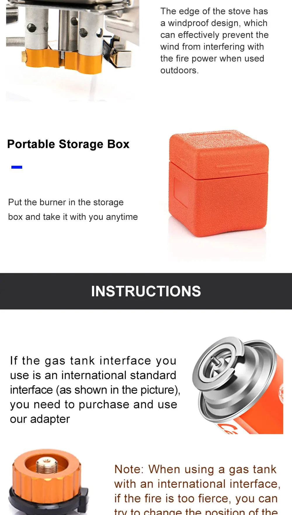Camping gas stove burner and orange portable storage box, two-item outdoor cooking set