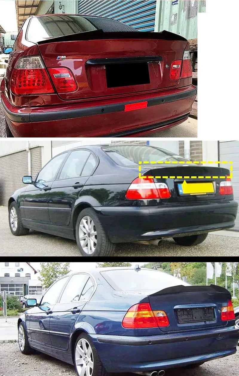 BMW 3 Series E46 rear spoiler lip, 3-piece gloss black ABS ducktail with adhesive