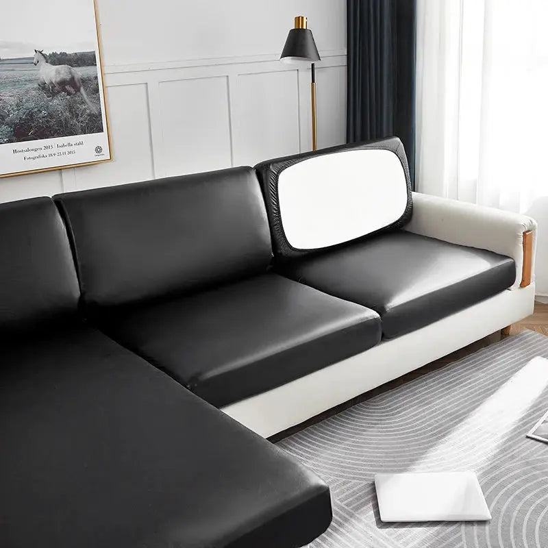 Corner sofa slipcover in black PU leather, waterproof easy-clean couch protector with elastic edges
