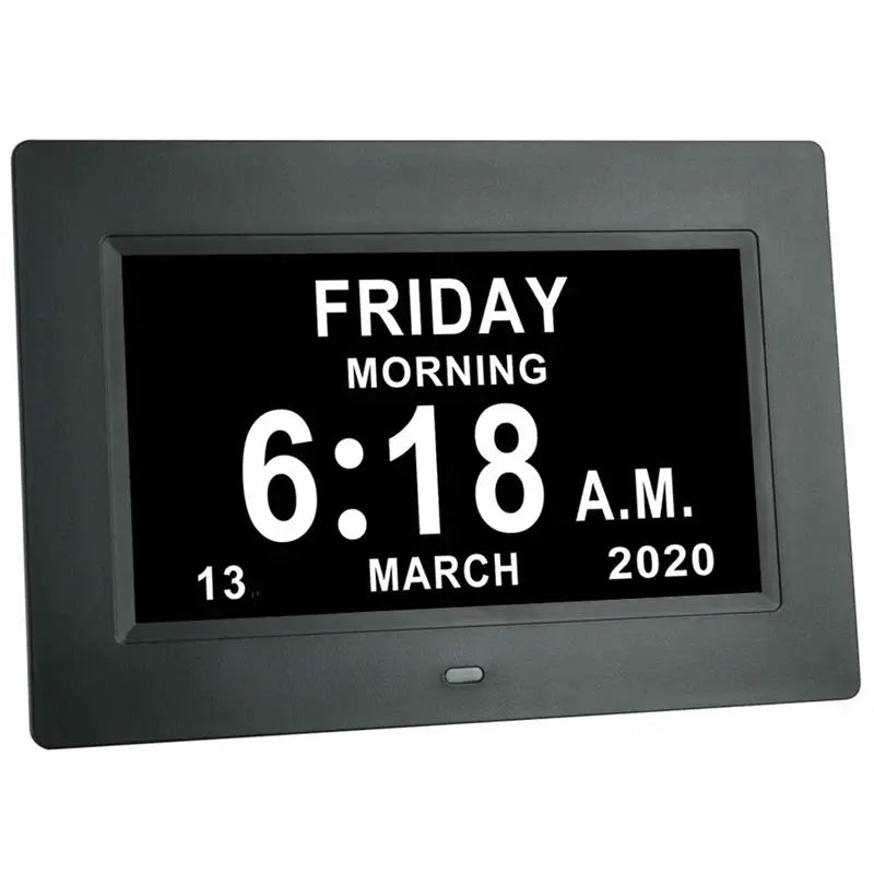 12-Alarm LED Calendar Clock with gray frame and multi-language time/date display