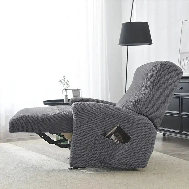 Jacquard stretch recliner chair slipcover in grey with side pocket