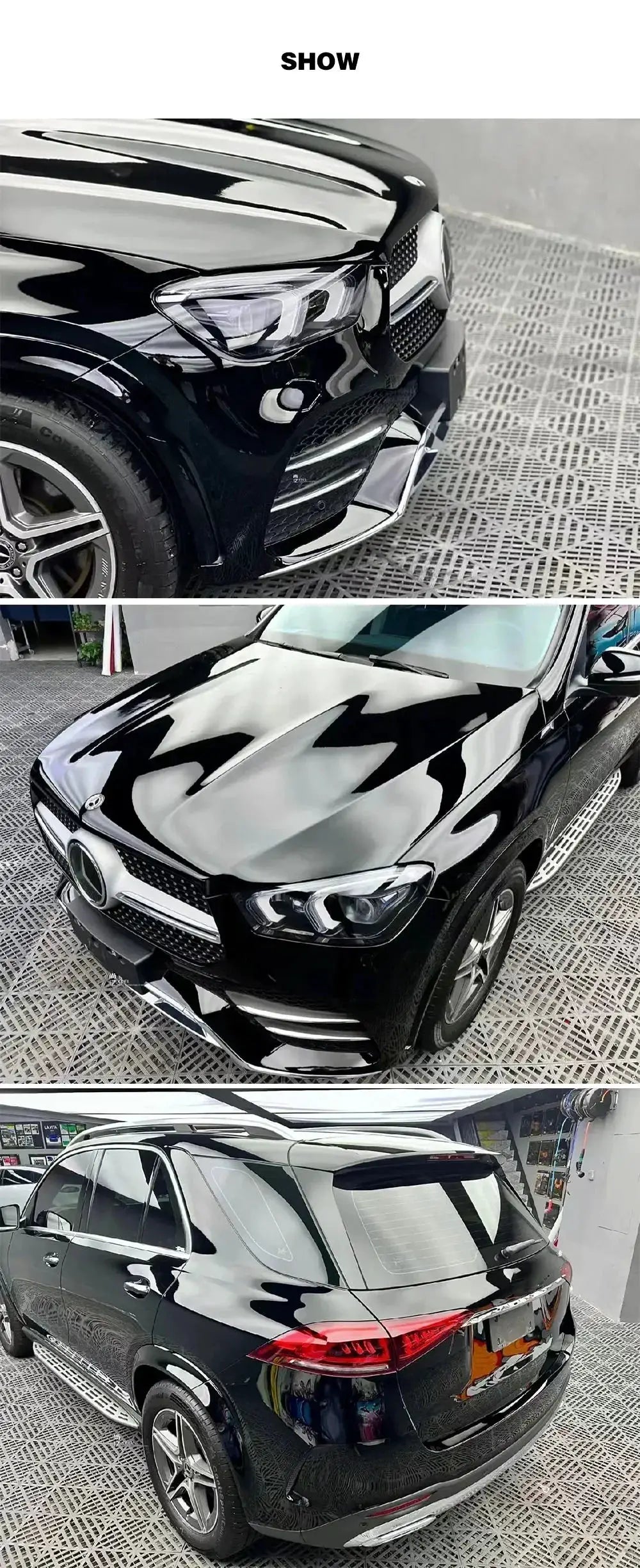 2D-9D carbon fiber car wrap in glossy black finish on a Mercedes SUV