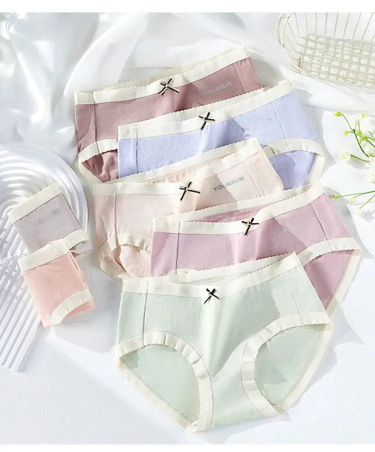7Pcs women's cotton panties set in pastel colors with bow accents and cream trim, Yoursun waistband logo